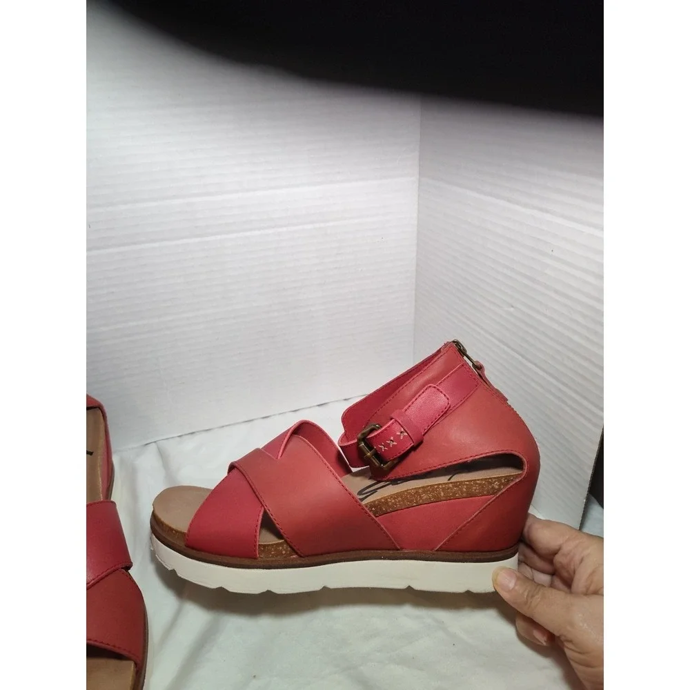 OTBT Teamwork Ankle Leather Wedge Sandals Size‎ 10 Platform Shoes Cork Red